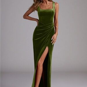 Azazie Mero Stretch Olive Mermaid Pleated Velvet Dress